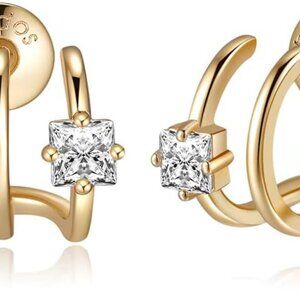 14K Gold Plated Triple Huggie Illusion Stud Earrings | Double Huggie Hoop Earrin